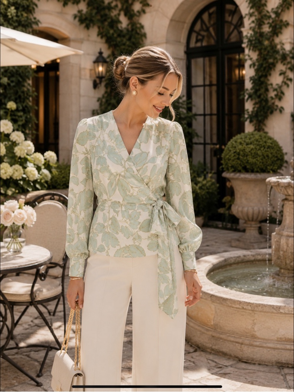 Hobbs London Mint Green Floral Faux Wrap Blouse | UK 10 / US 6 | Waist Tie